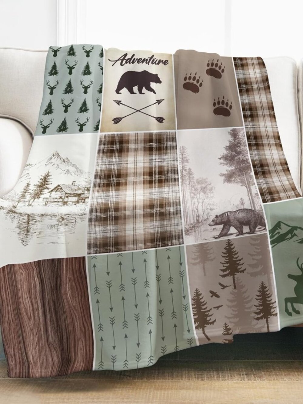 Cabin Rustic Throw Blanket for Men 60"x50", Bear Deer Country Hunting Gifts Wild